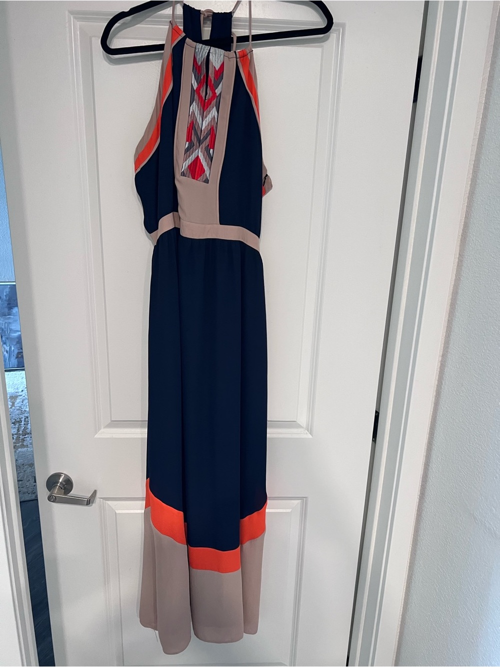 Greylin Navy, Coral & Taupe Halter Maxi Dress with Geometric Neckline